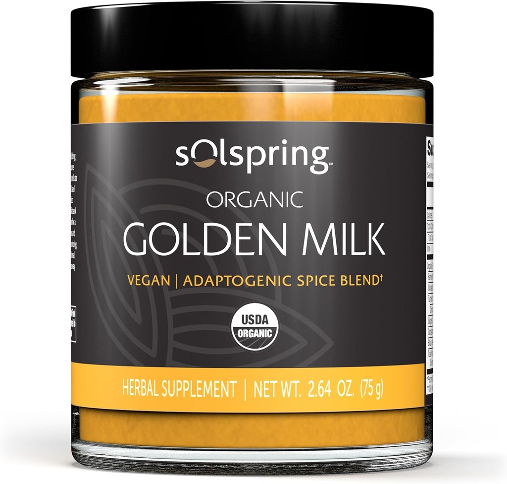 Dr. Mercola Solspring Organic Golden Milk Herbal Supplement, 2.64 Oz. (75 g), Vegan Spice Blend cu Turmeric & Ginger, Non OMG, Gluten Free, Soy Free, USDA Organic
