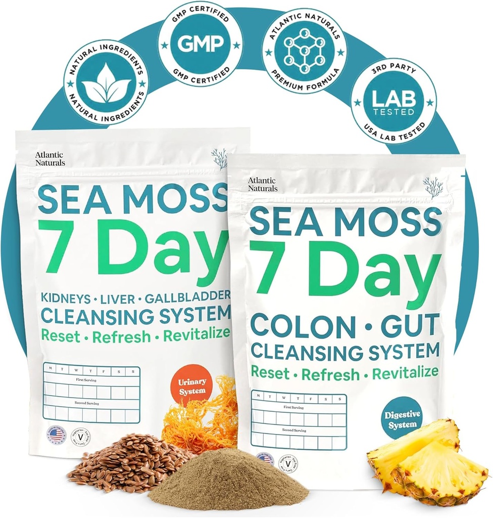 Atlantic Naturals Sea Moss 7-Day Full Body Cleanse Detox Bundle, Colon Cleanse Powder cu Psyllium Husk Senna Powder & Organic Sea Moss Powder Rinichi, Ficat, vezica biliara, Ananas Flavor Drink Mix