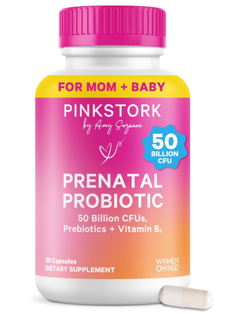 Probiotice prenatale roz Stork pentru femei - 50 miliarde CFU, vitamina B6, prebiotice, boala de dimineata, Microbiome guta, sarcina Probiotic, Suport imunitar, Sarcina trebuie să aibă - 30 capsule