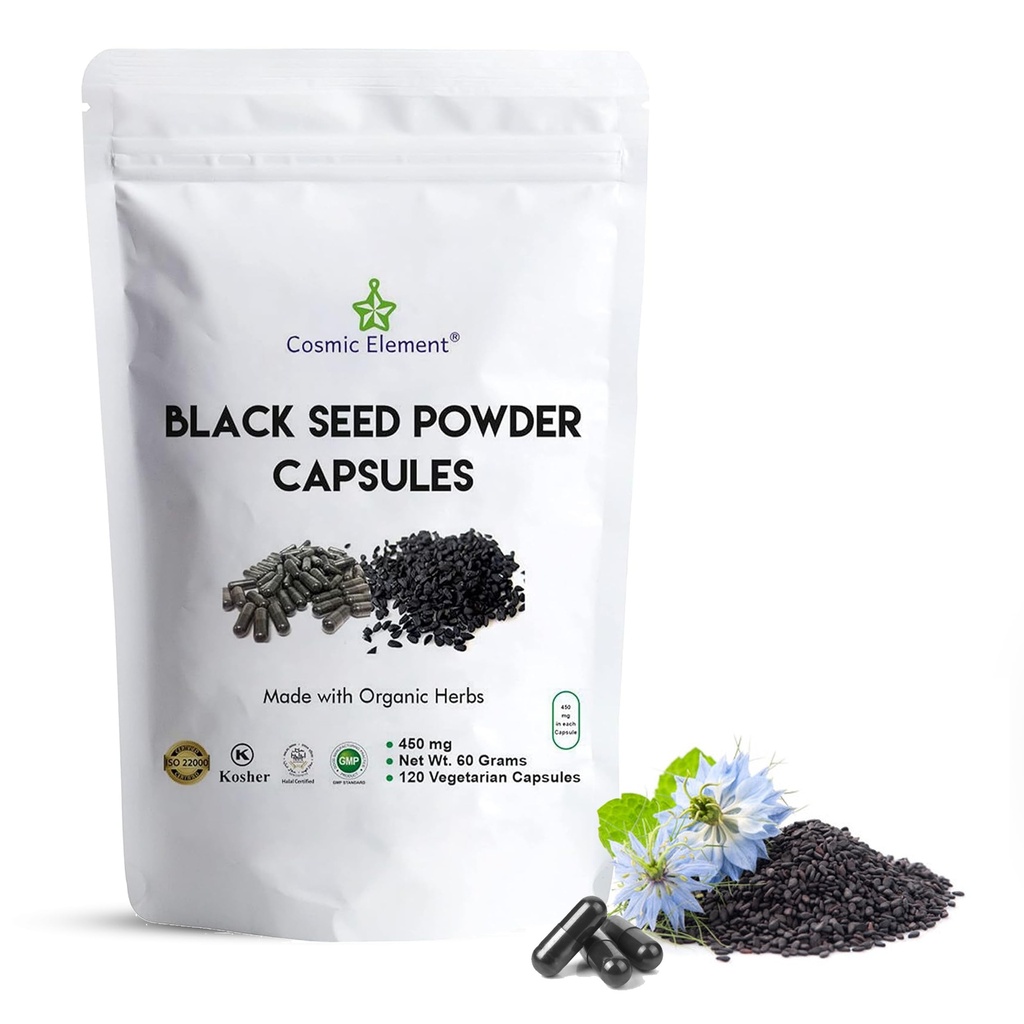 Element Cosmic 100% Pure Black Seed Powder Capsule organice - Vegan Nigella Sativa 450 mg Seminte de chimen negru per Servire pentru sanatate - 120 capsule