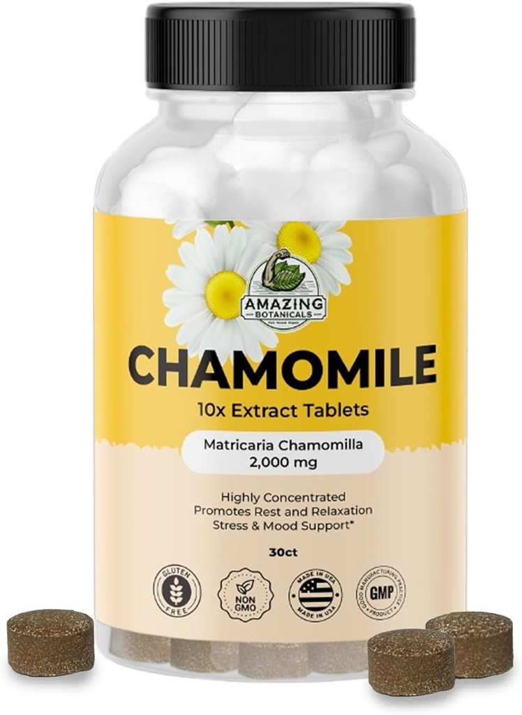 Uimitoare Botanicale Organice tablete de extract de mușețel - Matricaria Chamomilla supliment de bază pentru plante - 10x extract 2000 MG Fiecare - Promovează relaxare - 30 comprimate