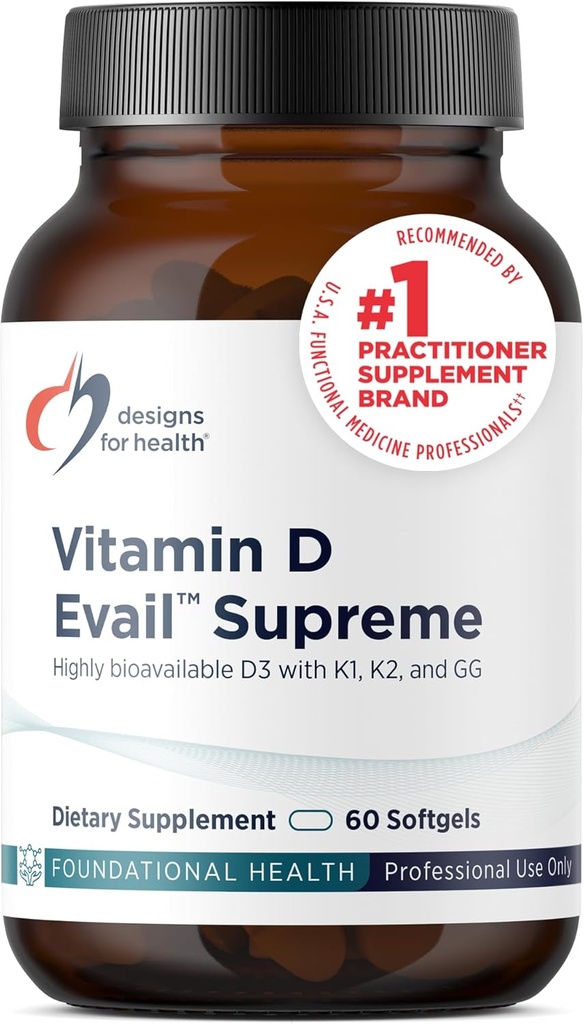 Designs for Health D-Evail Supreme - 5,000 IU Vitamin D3 Supplement with VIT K (K1, K2 as MK-4) + GG - Bone, Cardiovascular + Immune Support - Improved Bioavailability (60 Softgels)