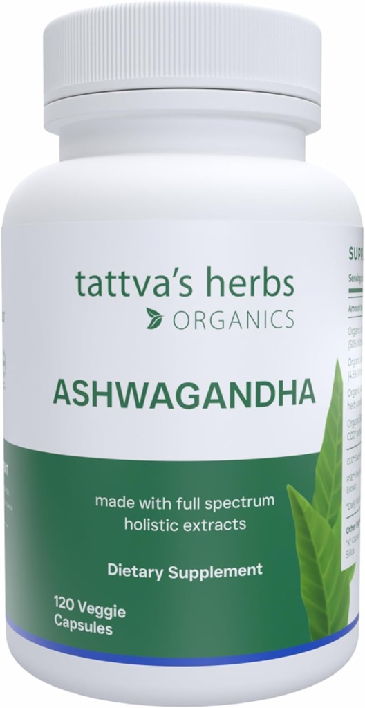 Tattva's Herbs Organic Ashwagandha Capsule Supliment, 2 luni de aprovizionare, 120 Veggie Capsule