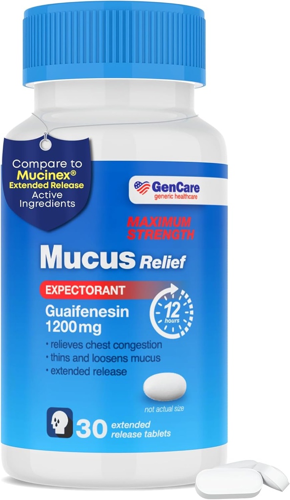 GenCare Mucus Relief 1200 mg Putere maximă (30 Count) 1200 mg Guaifensin comprimate extinse-release 