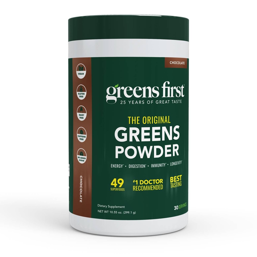 Greens First Original Greens Powder - 49 Superfoods - Ecological Fruits & Veggies - Prebiotics, Probiotics & Digestive Enzymes - Antioxidant Smoothie - Dairy Free, Vegan, Non-GMO (Chocolate, 30 Servings)