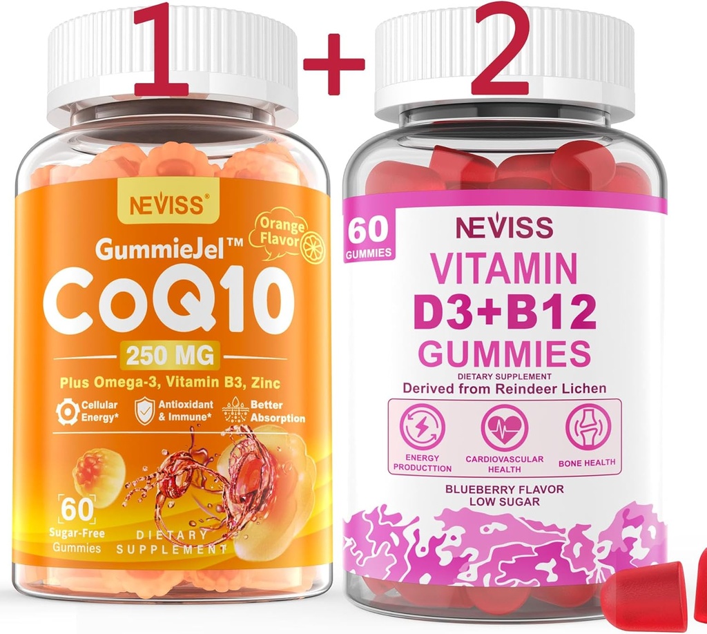 NEVASS CoQ10-250 mg Gume umplute,60Cts + Vitamina Vegană D3 5000UI & metil B12 1000mcg Gummies, 120Cts