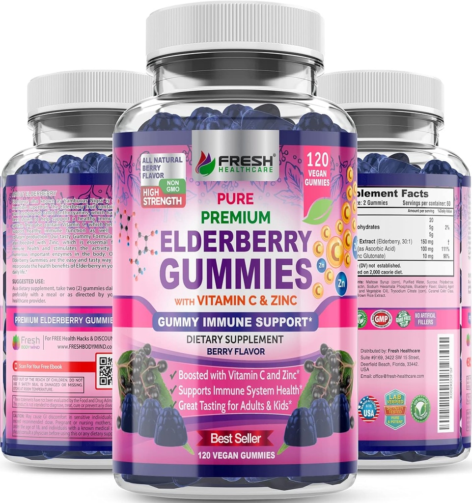 HEALKARE HELKCARE Gumries cu vitamina C, zinc & Sambucus Elderberry 30:1 Extract - 100% Vegan - Suport imun pentru adulți și copii - 120 Conte Gummy Supliment