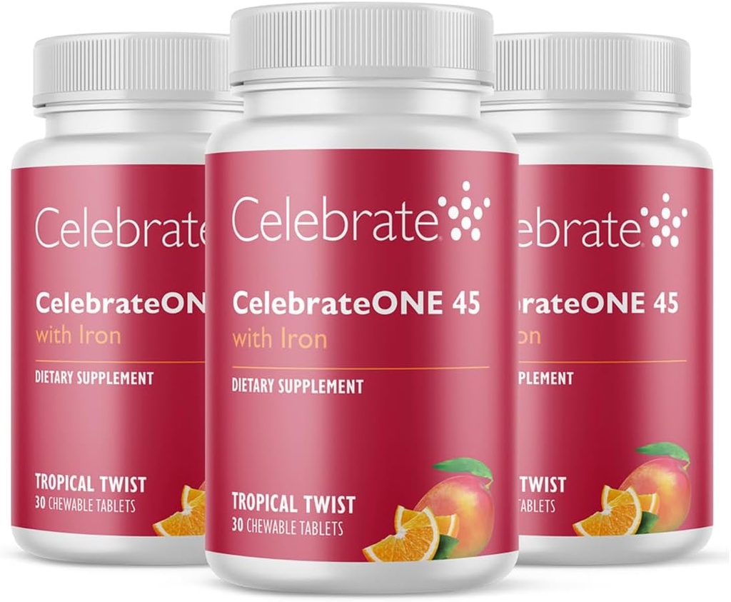 Celebrați vitamine CelebrateONE 45 Masticuri, 45mg Fier - O dată pe zi Bariatric Multivitamine, Vitamine esențiale și minerale - Bypass gastric și Gastrectomie mâneci - Tropicale (90 comprimate)
