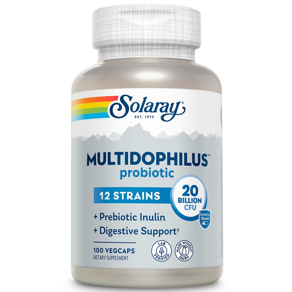 SOLARAY Multidofil 12 tulpina Probiotic 20 Miliarde CFU, Probiotice pentru sanatate digestiva si suport de sanatate, Inulina prebiotica, Nu lactate, 50 Serv, 100 VegCaps