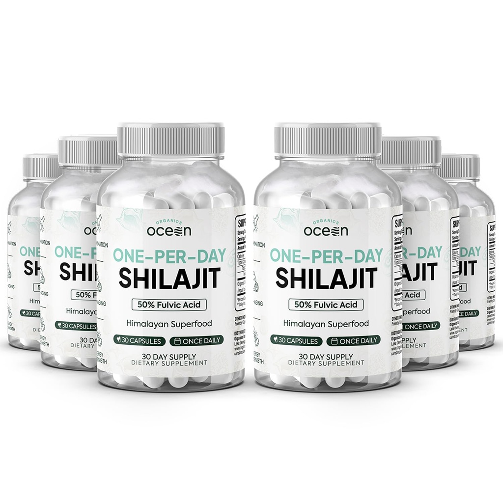 Organics Ocean One-Per-Day Shilajit pentru bărbați și femei - Natural și Pottent Shilaj Supliment pentru Age-Deficitare, Oase Putere, Hormoni Support și mai mult - 6 Sticle Capsule Shilajit