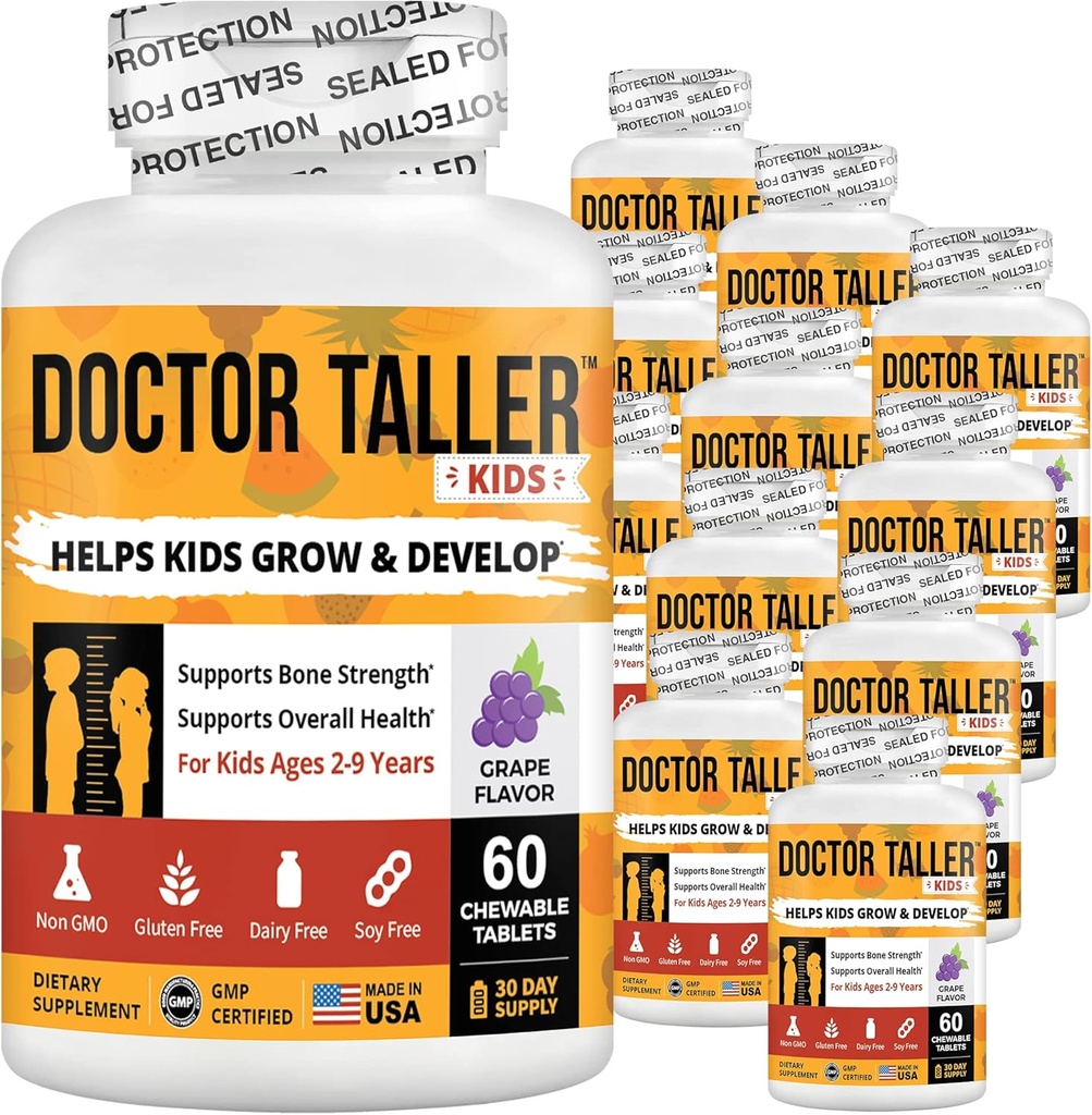 NuBest Doctor Taller Copii cu multivitamine, Multiminerale, Tablete masticabile de calciu, Suplimentul de calciu pentru copii Vârsta 2 la 9 - Aroma de struguri - Ajuta copiii sanatosi - 12 ambalaj