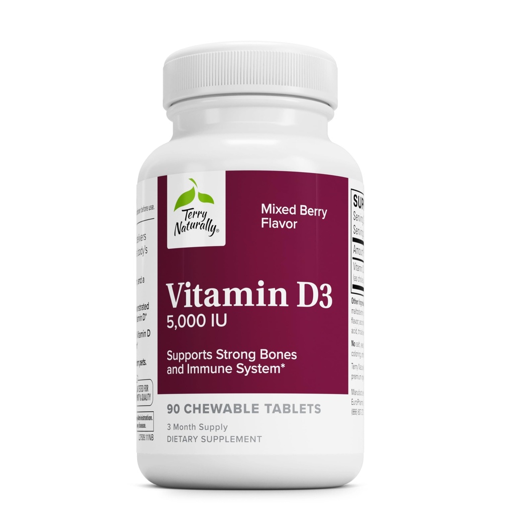 Terry Natural Vitamina D3 - Bone Health & Bone Concentration Supplement - Dietary Supplement for Immune System & Brain Support - 5000 UI Vitamin D Tablets with Mixed Berry Flavor - 90 Chewable Tablets