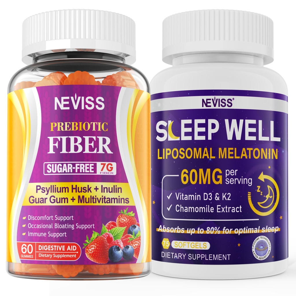NEVAISS Fibră prebiotică 7G Gume pentru adulți + Melatonină 60mg pentru adulți Bundle