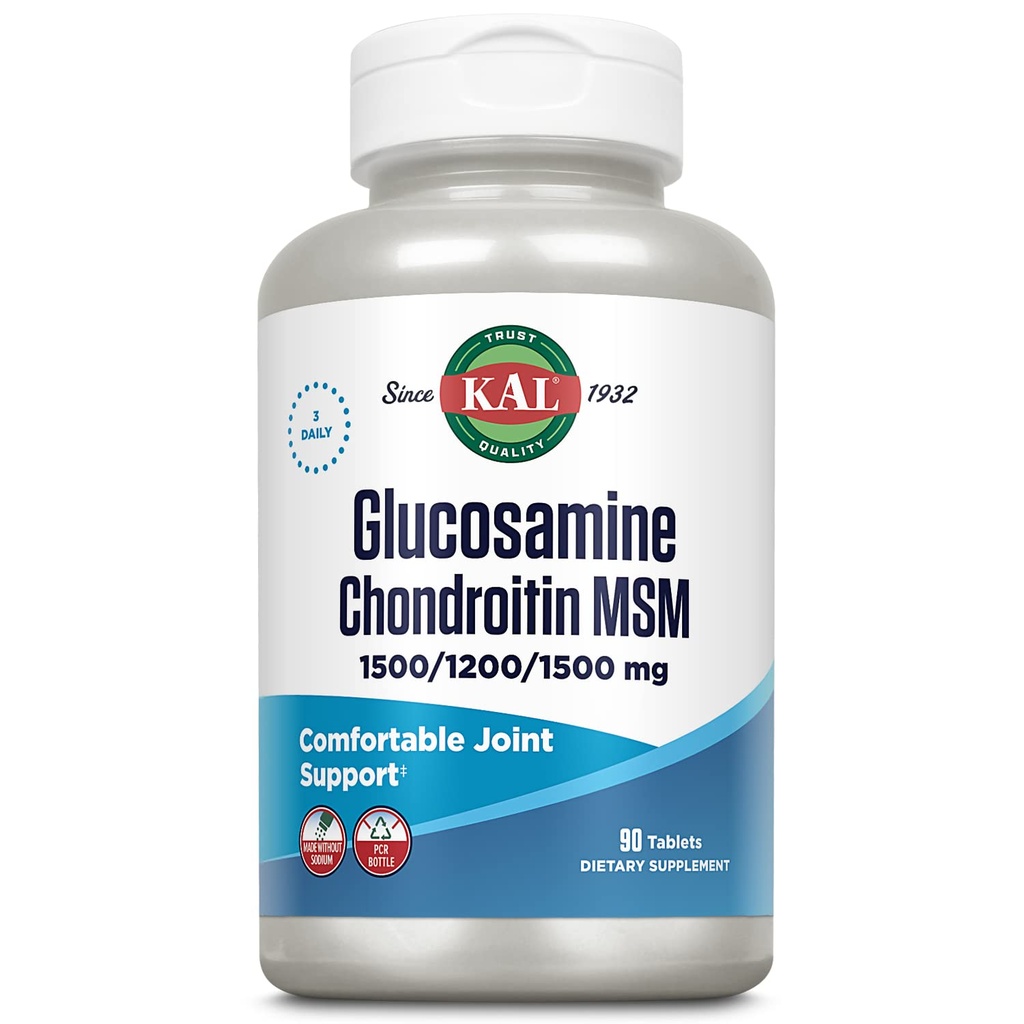 KAL Glucosamină Chondroitin MSM, Supliment comun de sprijin pentru femei și bărbați, 1500 mg Glucosamină Sulfat, 1200mg Chondroitin, 1500mg MSM, Dezintegrare rapidă, 60-Day Guarantee, 30 Serviri, 90 comprimate