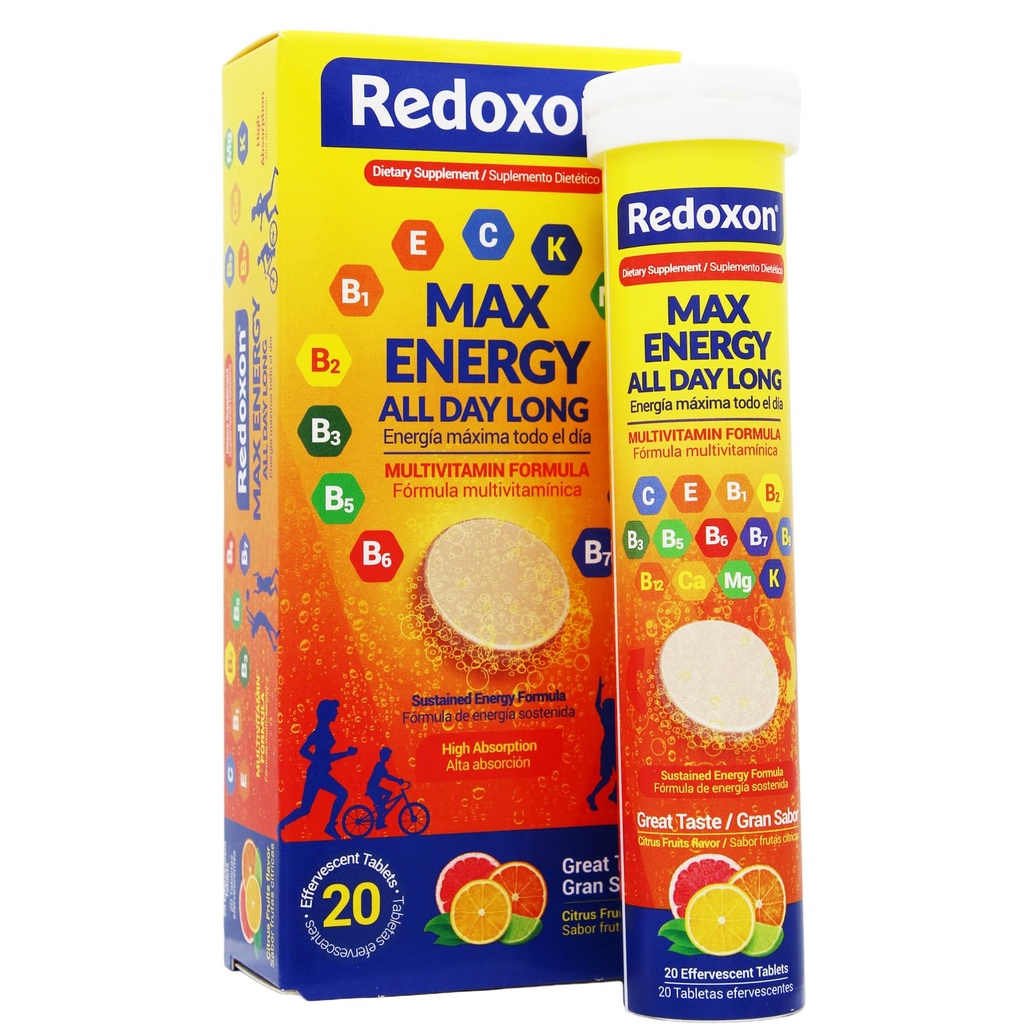 Redoxon Max Energy, Helps Support Inmune System, Citrus Flavor, 20 Efervescent Tablets, 2.82 Oz, Box
