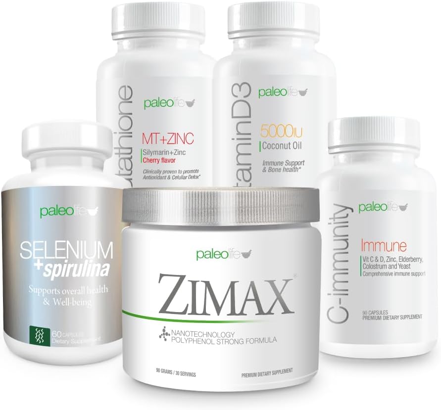 Kit de valoare maximă de apărare Premium: Acest set de 5 suplimente și vitamine Premium include: Zimax, Seleniu + Spirulina, Glutatione MT + Zinc, vitamina D3 și C-Imm.