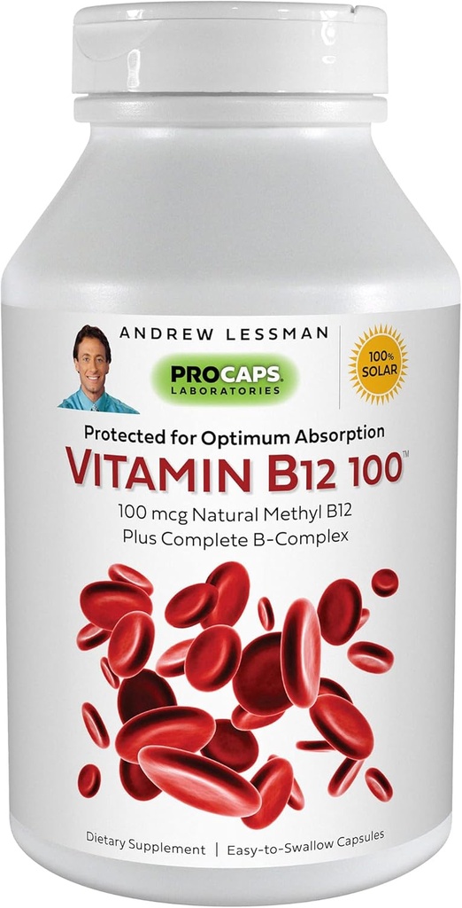 ANDREW LESSMAN Vitamina B12 100 180 capsule - metilcobalamină protejată prin absorbţie (coenzima naturală vitamina B12), esenţială pentru sprijinul pentru energie şi stres, plus B-complex, capsule uşor de înghiţit