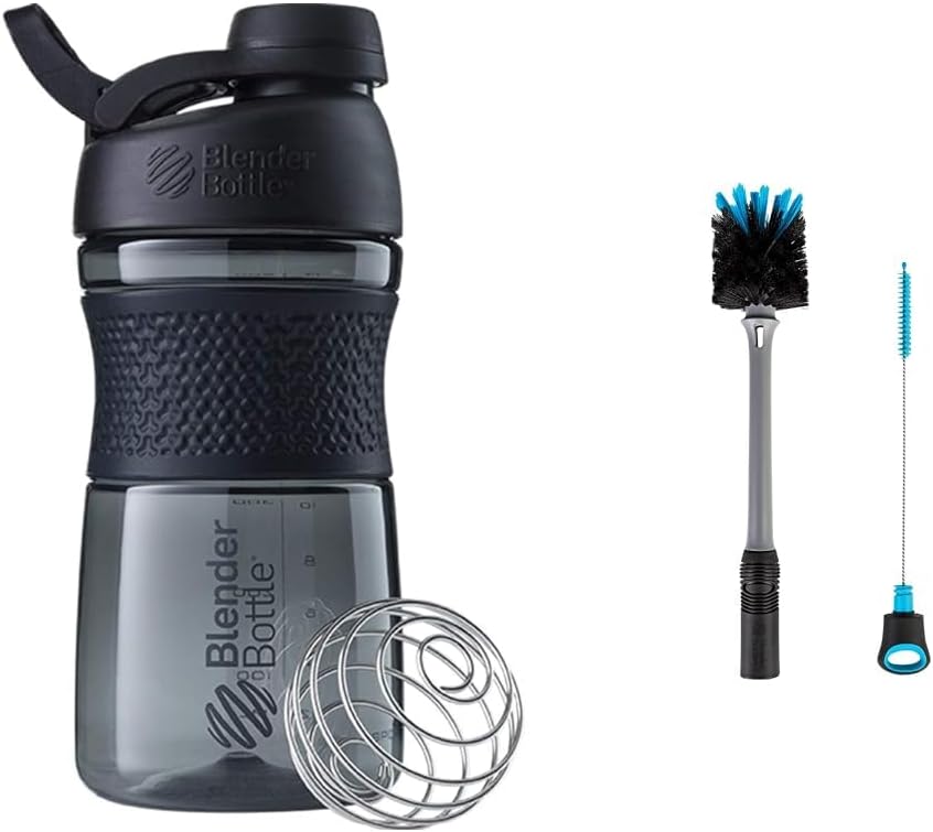 BlenderBottle SportMixer Sticla Shaker Perfect pentru Shake-uri de proteine și antrenament pre, 20-Ounce, Black & 2-in-1 Shaker Sticla și Straw Curățare Perie, 1 Pack,Gray