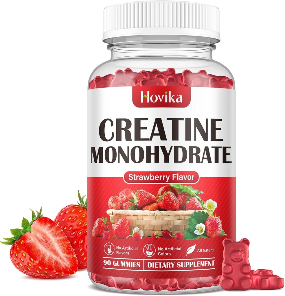 Creatină Monohidrat Gummie pentru bărbați și femei, Chemable 3g Creatină Monohidrat cu vitamina B12 pentru creștere musculară și recuperare-Vegan, aromă naturală de căpșuni, 90 gume