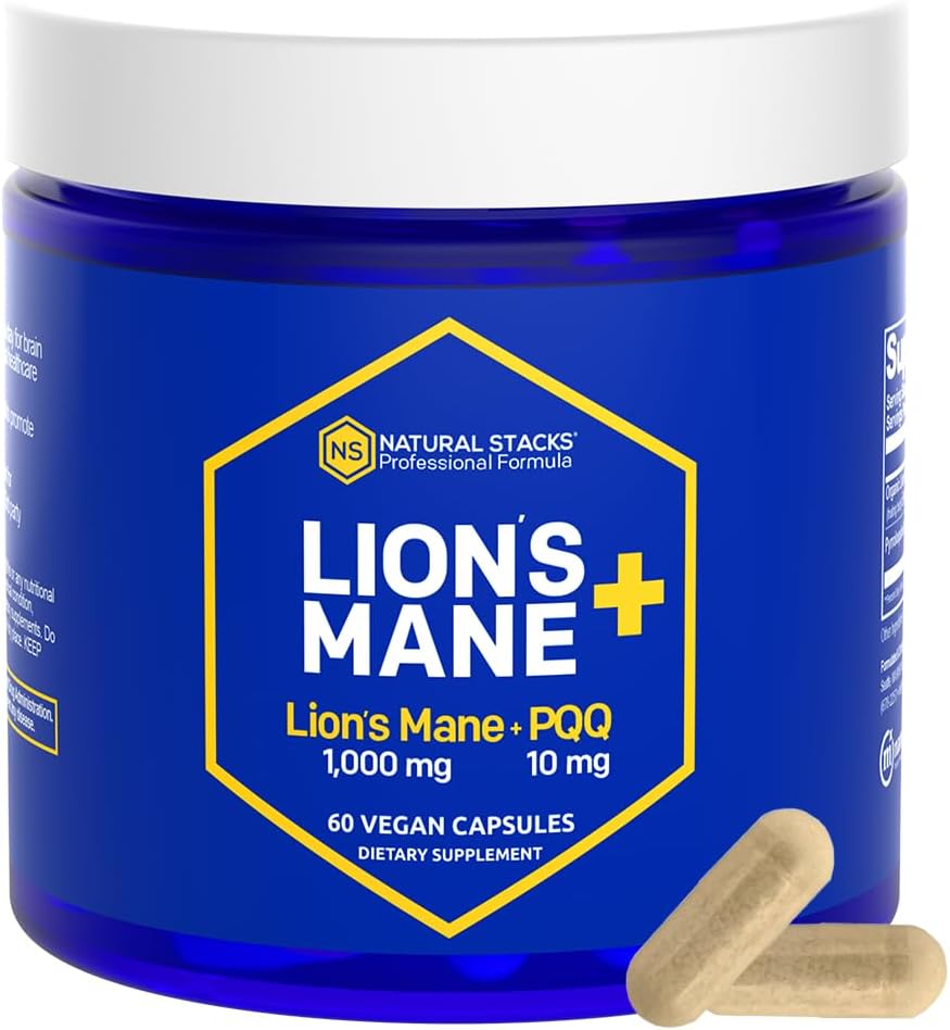 Lions Organic Mane Supliment Capsule - 1000mg Lions Mane Mushroom cu 10mg PQQ - Optimizer pentru celule cerebrale de memorie, de învăţare, funcţie mitocondrială - 60 capsule de ciuperci fructat organism