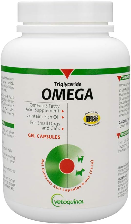 Vetochinol Trigliceride Omega 3 Supliment pentru câini și pisici, Suplimentul ulei de pește cu EPA și DHA, Promovează pielea, haina, comun, și sănătatea imună, Omega 3 ulei de pește pentru câini și pisici până la 30lbs, 250ct