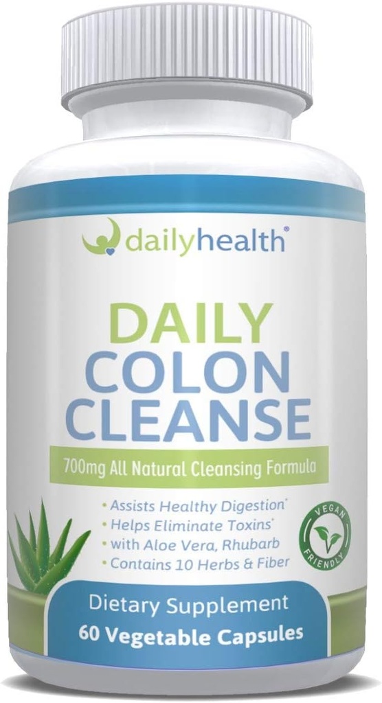 Daily Colon Cleanse 700mg All Natural Formula 10 Herbs, Fiber, Alfalfa, Aloe Vera, Rubarb, Gentian, Buckthorn, Goldenseal, Lactobacillus acidophilus 60 Capsule vegetale (Două 15 zile Kituri de curățare)