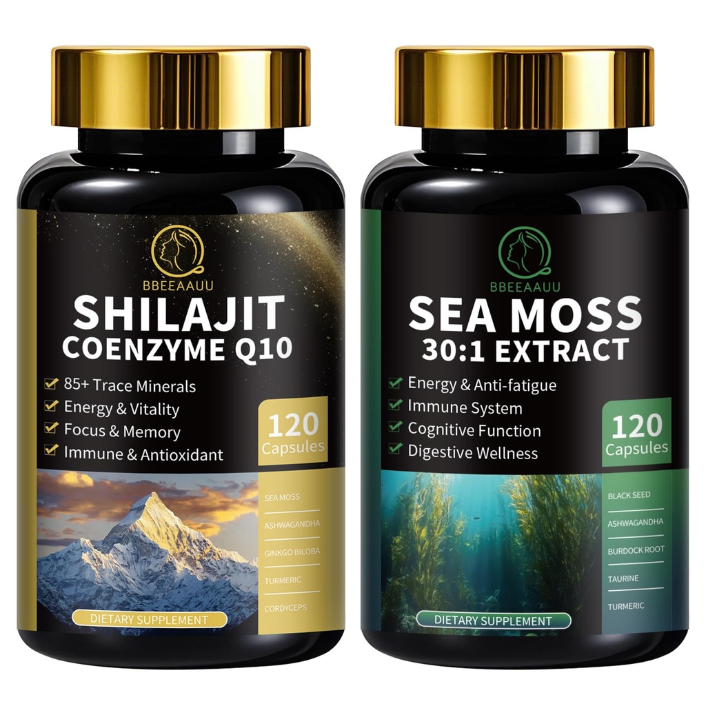 Silajit pentru bărbaţi, muşchi de mare şi şilajit Bundle, toate în 1 Suplimente cu Coenzima Q10, Black Seed, Ashwagandha, Taurina, Bredock pentru energie, Rezistenţă, Antioxidant şi suport imunitar, 240 Capsule