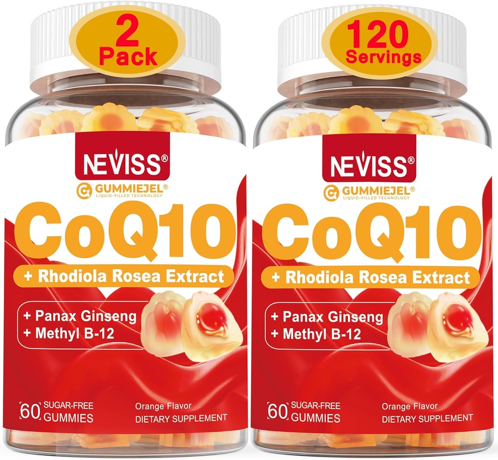 NEISS Sugar Free CoQ10 Gume umplute cu vitamina B12 1000mcg, Rhodiola Rosea și Panax Ginseng Extract, vitamina B6, Coenzima Q10 Supliment, 2 ambalaj