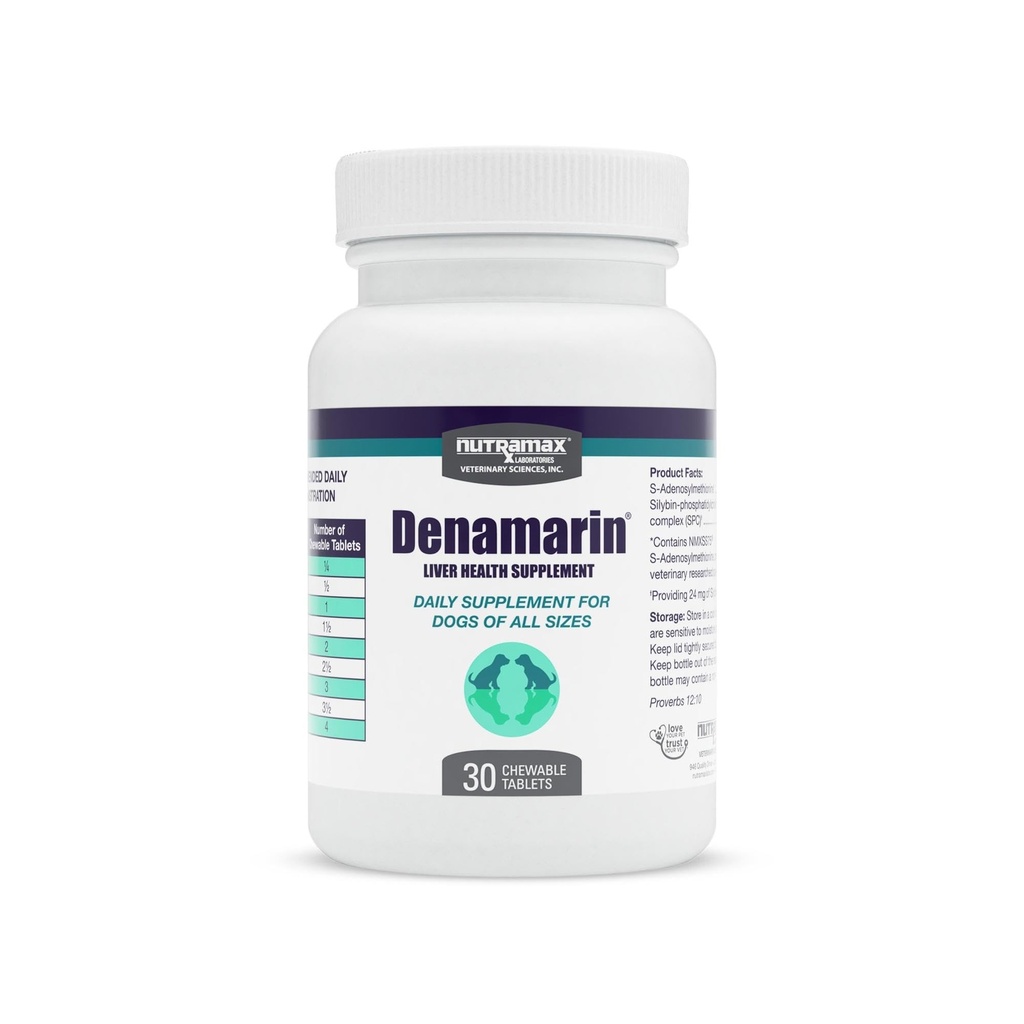 Nutramax Denamarin supliment de sănătate hepatică pentru câini, cu S-Adenosilmetionină (SAMe) și Silybin, 30 comprimate masticabile
