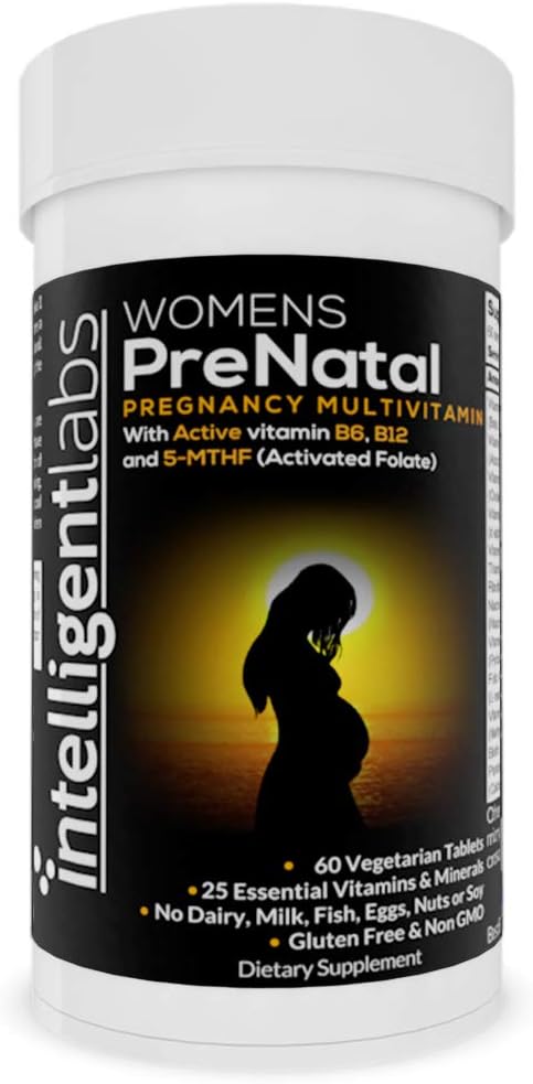 Laboratoare inteligente Multivitamine prenatale feminine, 25 Vitamine esentiale sarcina si minerale, cu 5-MTHF activat Folat, Active B12 si B6, Usor de luat, 2 luni de aprovizionare