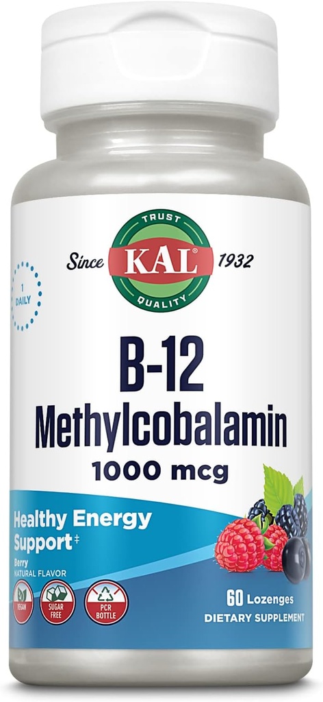 KAL Vitamina B-12 Methylcobalamin Lozenges 1000mcg, Healthy Energy, Metabolism, Nervi & Red Blood Cell Support,* Optimal Absorbtion, Natural Berry Flavor, Vegan, Sugar Free, 60 Servings, 60 Lozenges