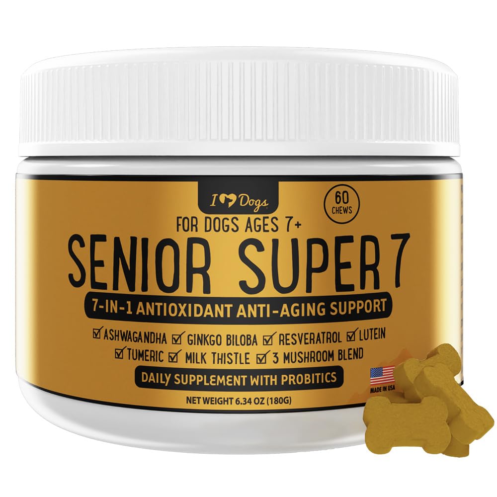 iHeartDogs Senior Super 7 Daily Dog Multivitamine - 7-in-1 Vitamina pentru câini susține anti-Aging cu antioxidanți, Probiotice, Coama lui Lion, Turcia Coada, & Ashwagandha pentru longevitate & Cognitive Boost