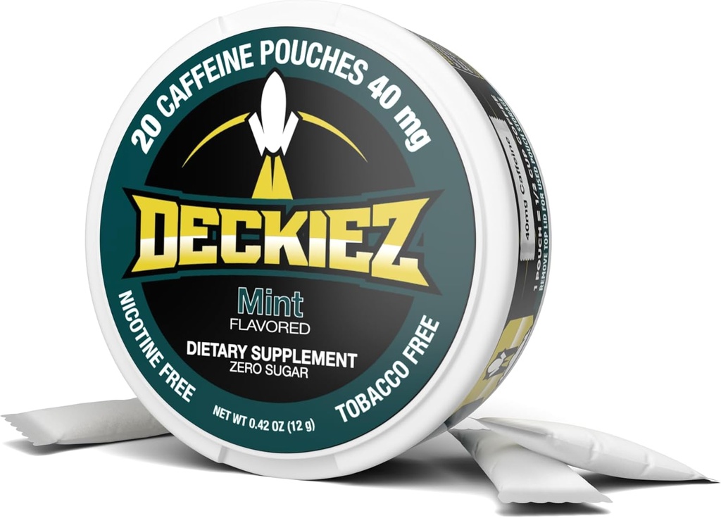 Pungi energetice Deckyez, 5 cutii (100 serviri), Sugar Free Cafeina Supliment, Poches & Energy Drink Alternative, 50mg Cafeina Pungi, Aroma de menta