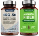 Vitamina Bounty Pro-50 Probiotice & Prebiotic Fiber Bundle: 13 tulpini, 50 miliarde CFUs, Digestive & Gut Health Support, capsule de eliberare întârziate - 90 capsule Total pentru bărbați și femei