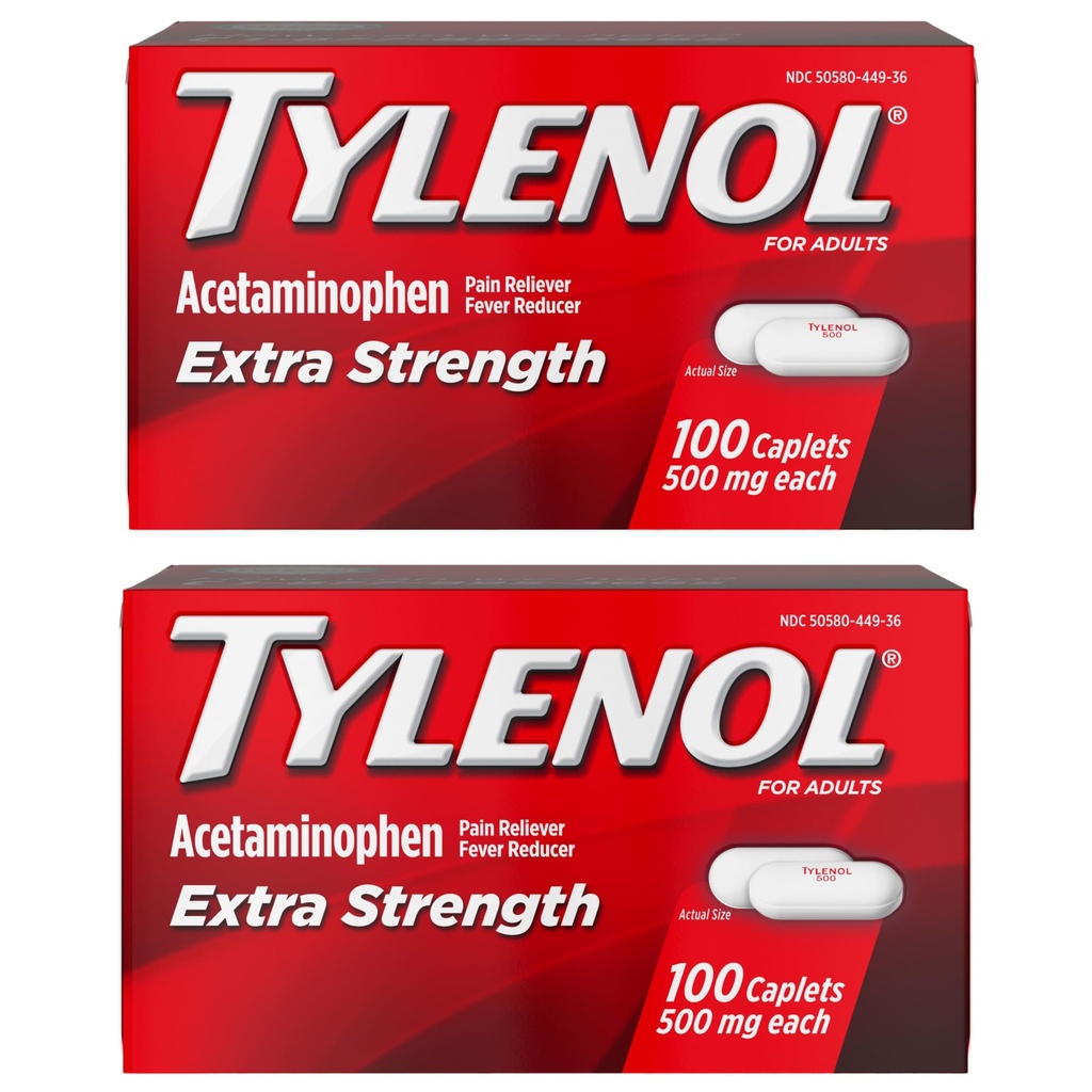 Tylenol Extra Force Pain Reliever și Reductor de Febră Caplete, 500 mg Acetaminofen, Pastile de calmare a durerii pentru dureri de cap, dureri de spate, dureri de dinți și dureri minore de artrită, 200 Conte