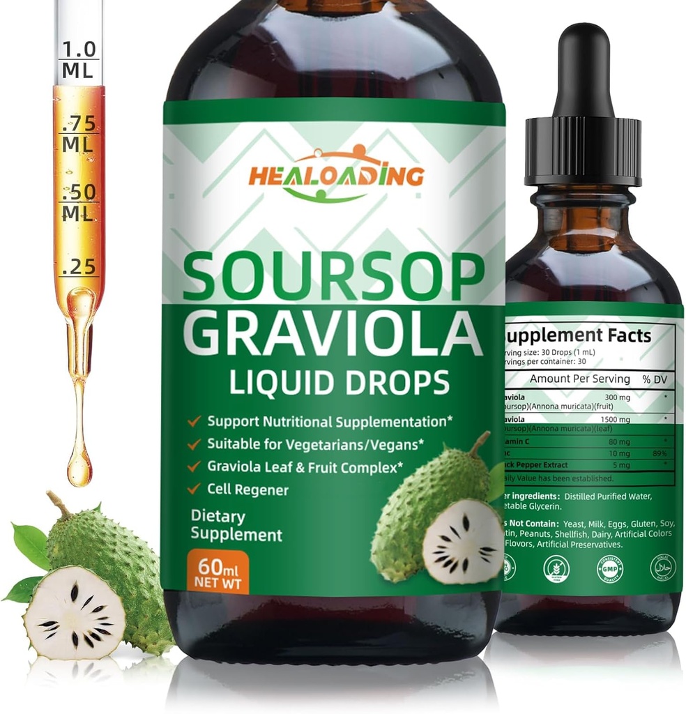 Soursop Bitters Liquid Drop: Organic Graviola Soursop Leaf Extract lichid pentru suport Cell, Regenerare, Immune Boost, Relaxați-vă și suport antioxidant
