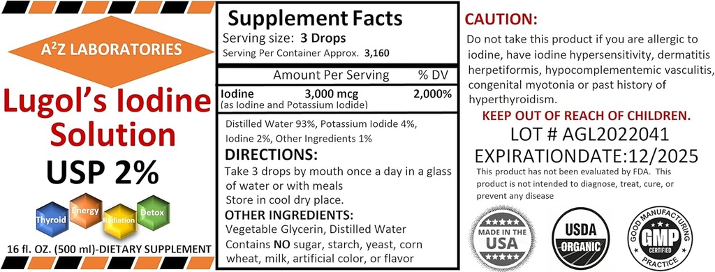 A2Z Iod organic Lugol și iod de potasiu 2% Soluție 3000 mcg - Picături suplimentare lichid pentru suport tiroidian pentru femei și bărbați, Sănătate metabolică, Boost dezintoxicare -16 Fl Oz/SUA/Ships Today! (1)