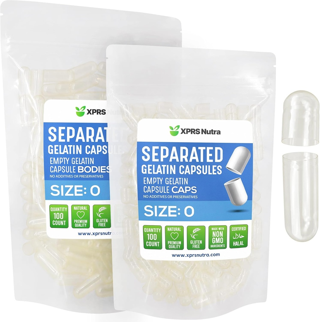 XPRS Nutra Gelatină Dimensiune 0 Capsule separate - 100 Contor capsule goale goale separate în pungi - Dimensiune 0 Gel gelatină pastile - Capace clare pentru diy Supliment de umplere