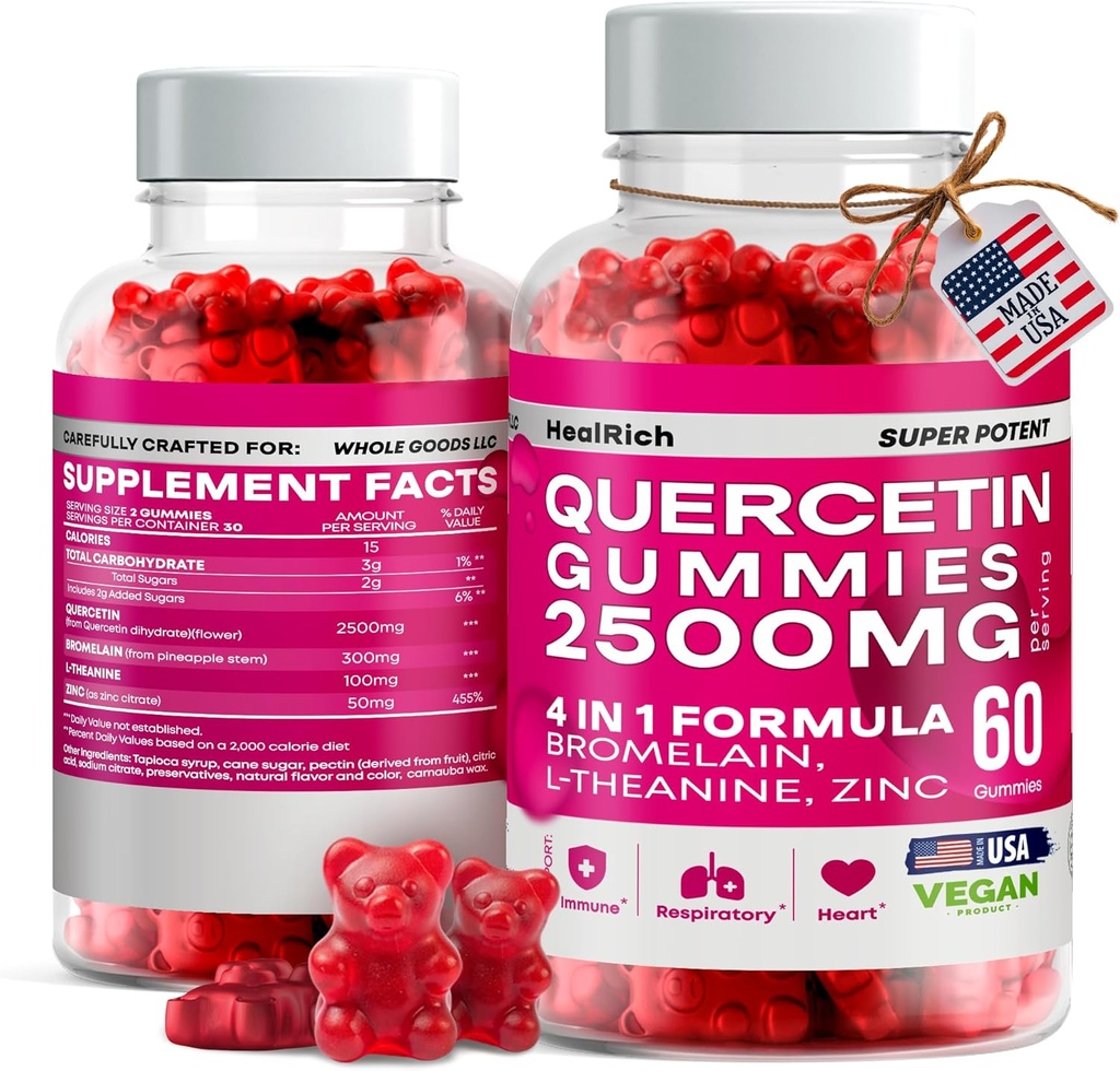 Quercetin Gummies - 2500MG cu Bromelain, L-Theanine & Zinc Vegan Supplement Immune Supplement pentru Copii & Adulți - Alergie Relief & Lung Health