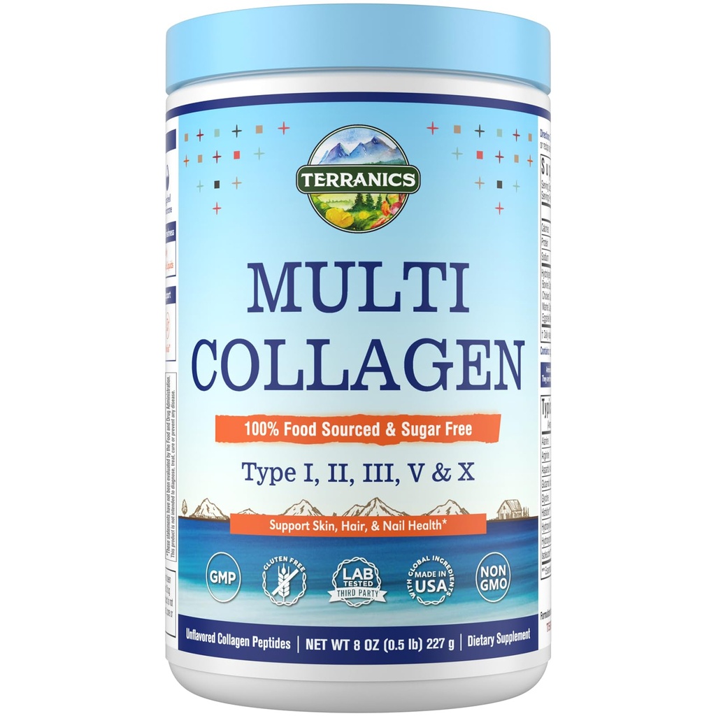 Terranics Multi Colagen Peptides Powder, Tip I II III V X Colagen pentru femei si barbati, Colagen Suplimente pentru piele, unghie, par, Ușor de dislocat, Nearomat, Nu Zahăr, Keto, 8oz