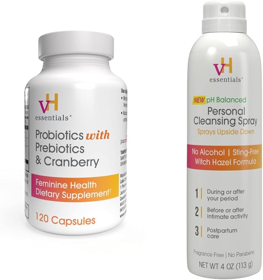 VH esențiale Probiotice cu prebiotice și Cranberry Feminine Health Supplement - 120 capsule și Spray Spray personal