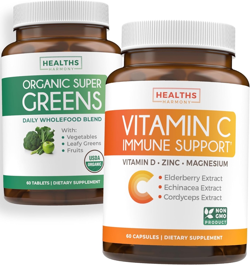 Super Greens & Vitamina C (1-Lonth Supply) Greens & C Synergy Bundle of Organic Super Greens Powder - Complete Superfood (60 capsule) & Vitamin C Immune Support (60 Vegetarian Caps)(Non-GMO)