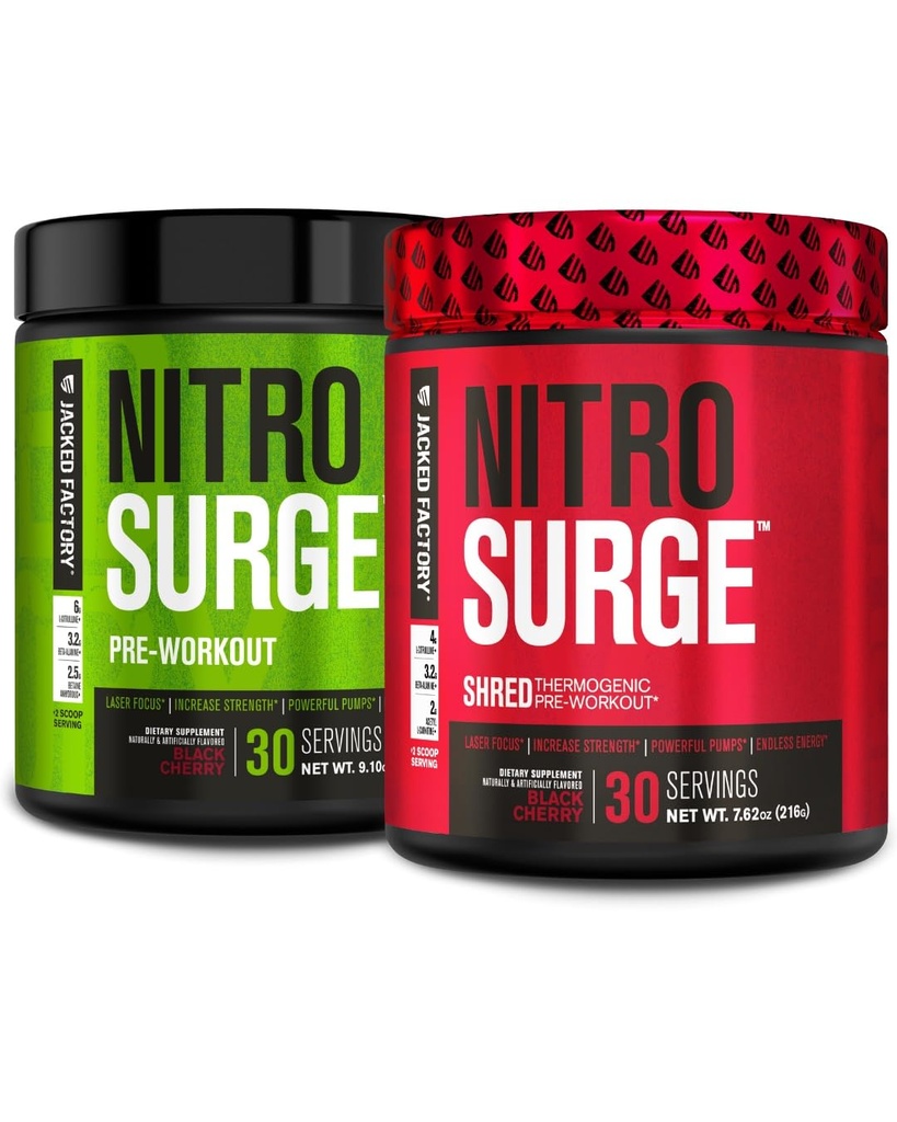 Fabrica Jacked Nitrosurge Pre-workout în negru cireșe și negru Nitrosurge Shred termogenic Pre-workout pentru bărbați și femei
