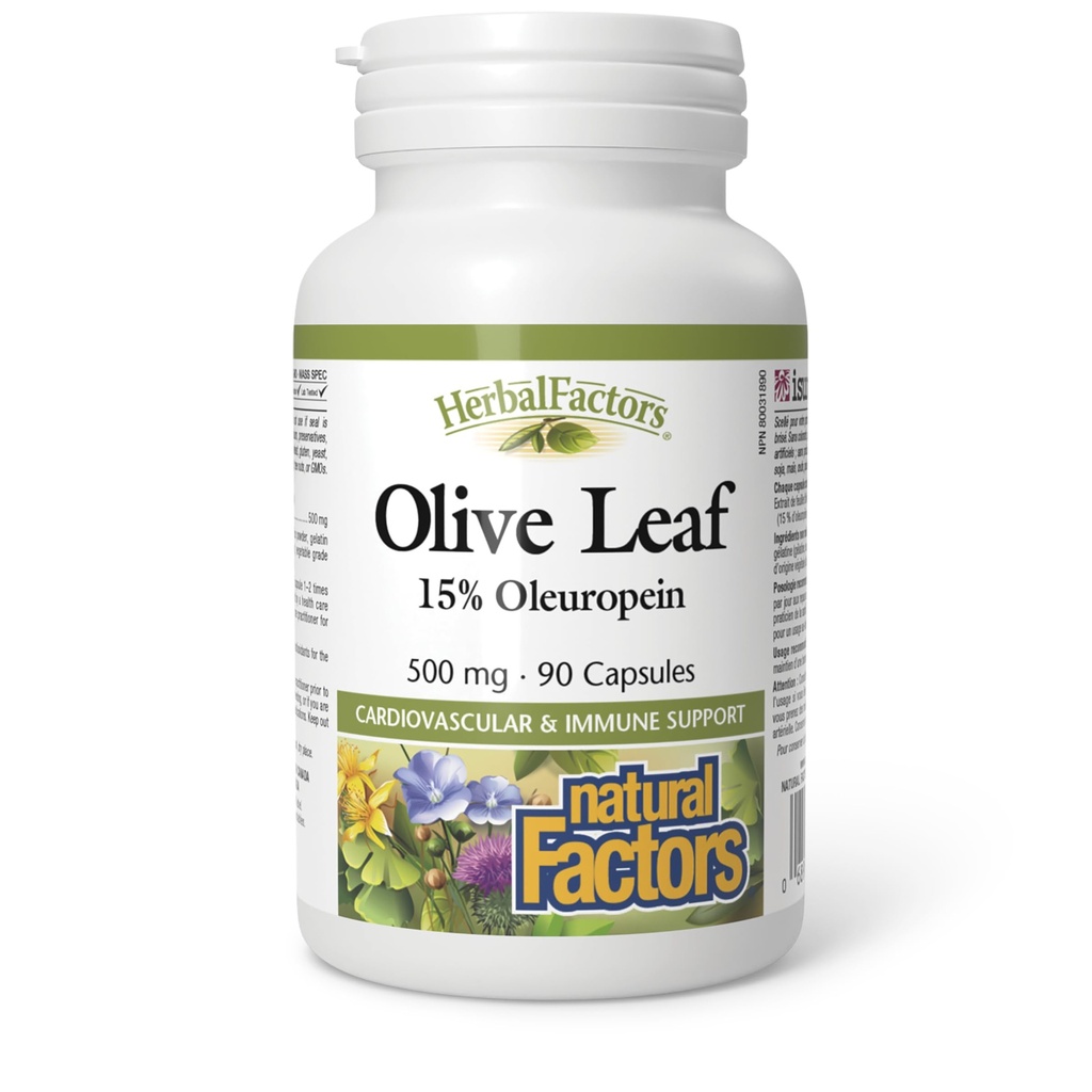 HerbalFactors by Natural Factors, Olive Leaf 500 mg, Natural Wellness Formula, 90 Capsule
