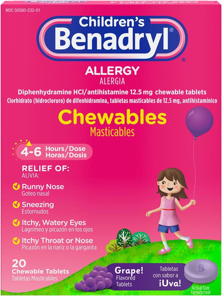 Benadryl Medicina pentru Alergia Copiilor Masticabile cu HCl de difenhidramină, Tablete antihistaminice pentru copii masticabile pentru ameliorarea simptomelor de alergie, cum ar fi Stranezing & Itchy Eyes, Aroma de struguri, 20 ct