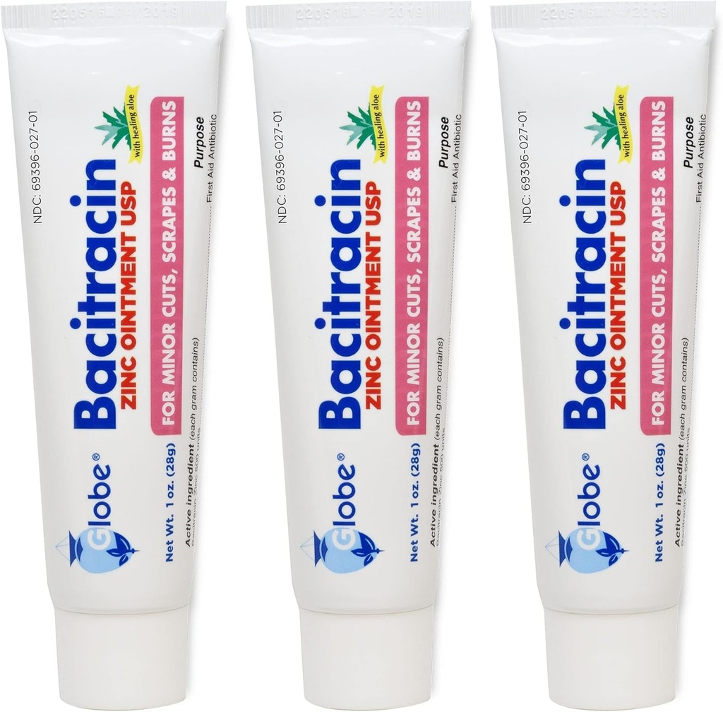 Globe (3 Pack) Bacitracin Zinc Ointment + Aloe 1oz - Rezistenta maxima Antibiotic pentru vindecarea ranilor - Solutie medicamentata topica pentru taieturi, arsuri, zgârieturi - Infectie a pielii & primul ajutor esential