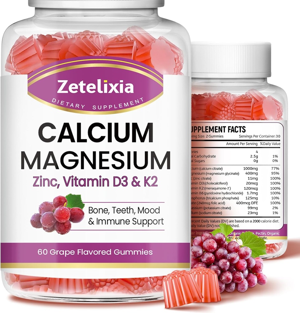 Gume de calciu, zinc de magneziu de calciu cu vitamina D3 & K2, supliment de magneziu de calciu pentru mușchii B0nes, aromă de struguri - 120 Conte