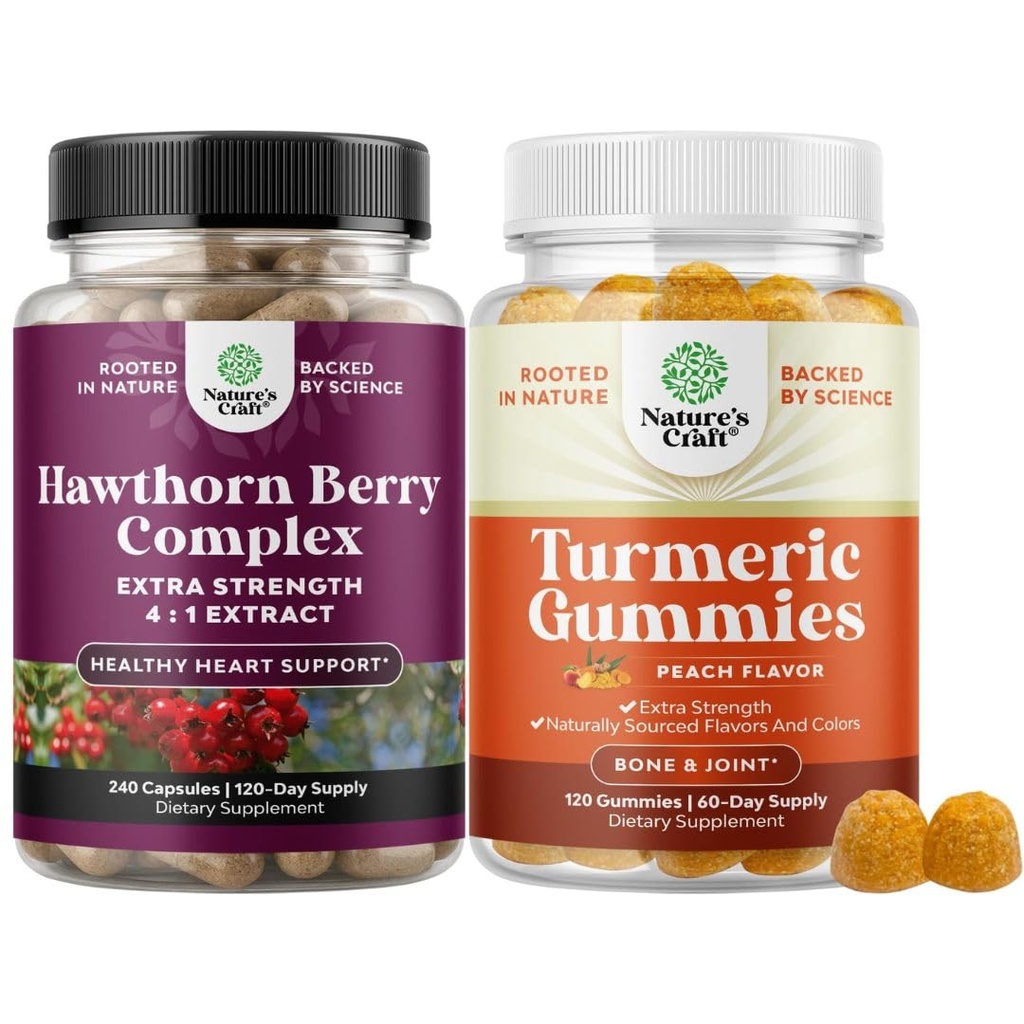Bundle de extra puterea Capsulele Hawthorn Berry - Extras Digestion and Heart Health Supplement and Turmeric Gummies for Adulți Aroma piersicii - Extra Putere Suport comun Gummies