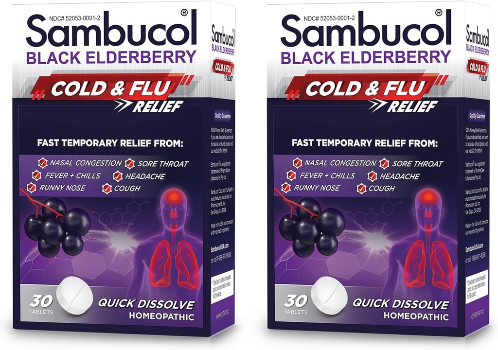 Sambucol tablete de relief pentru răceală și gripă - Homeopatic Rece Medicine, Nasal și Sinus Congestion Relief, Utilizați pentru Runny nas, Tuse, Rece Remediu pentru adulți - Black Elderberry, 30 Conte, 2-Pack