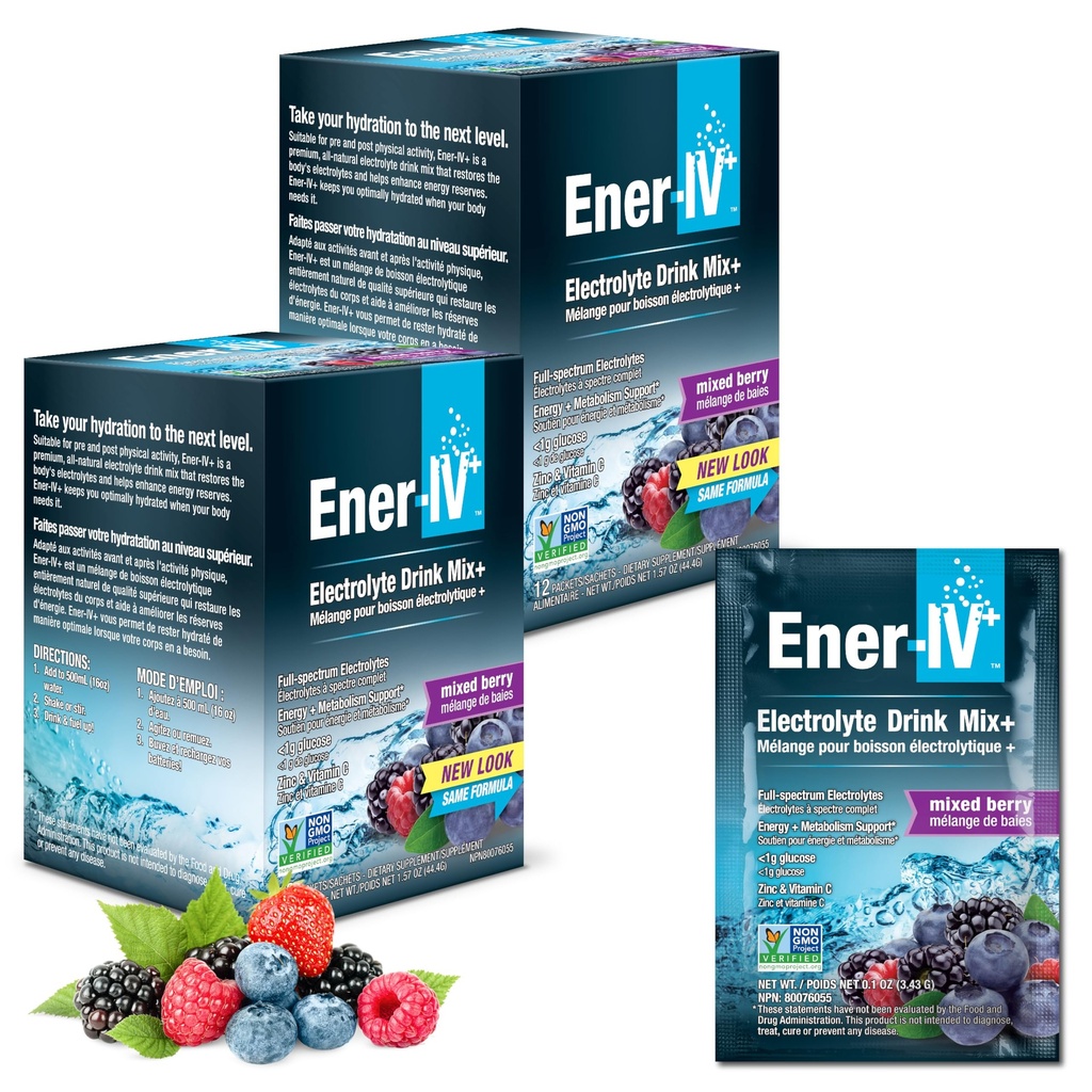 Ener-IV Electrolit Drink Mix - Electroliti Pachete de pulbere, Hydration pulbere Drink, Hydrate Liquid Mix, Rehidratare scăzut de zahăr pentru femei și bărbați - mixt Berry, 24 Conte